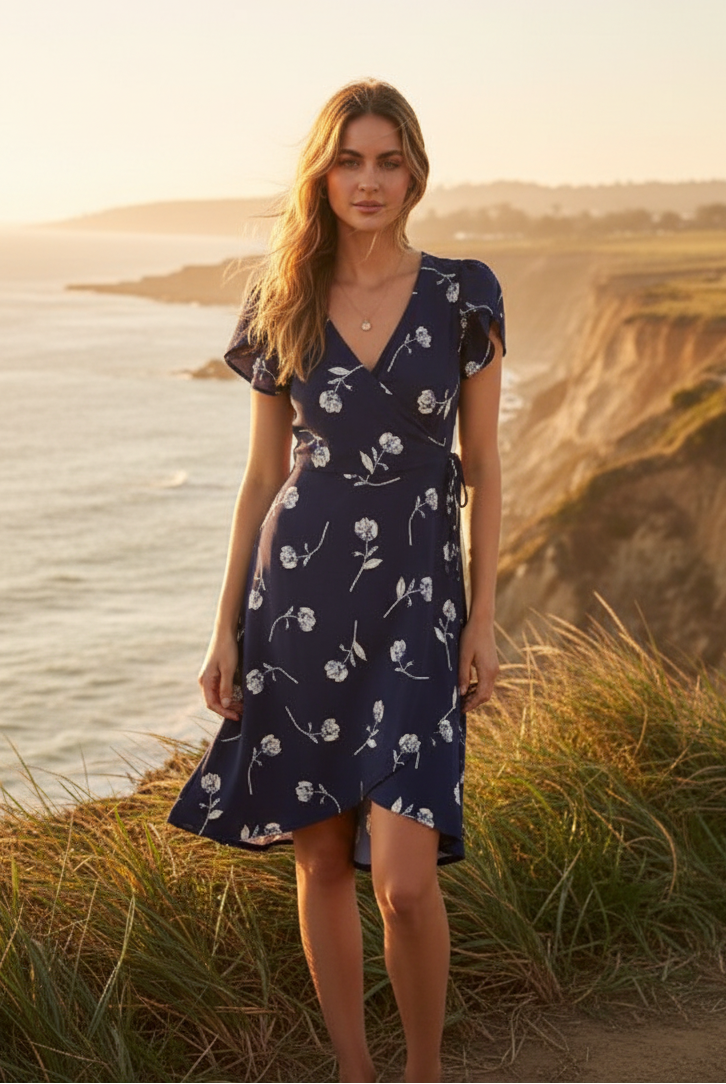 Navy floral wrap dress with coastal cliff background