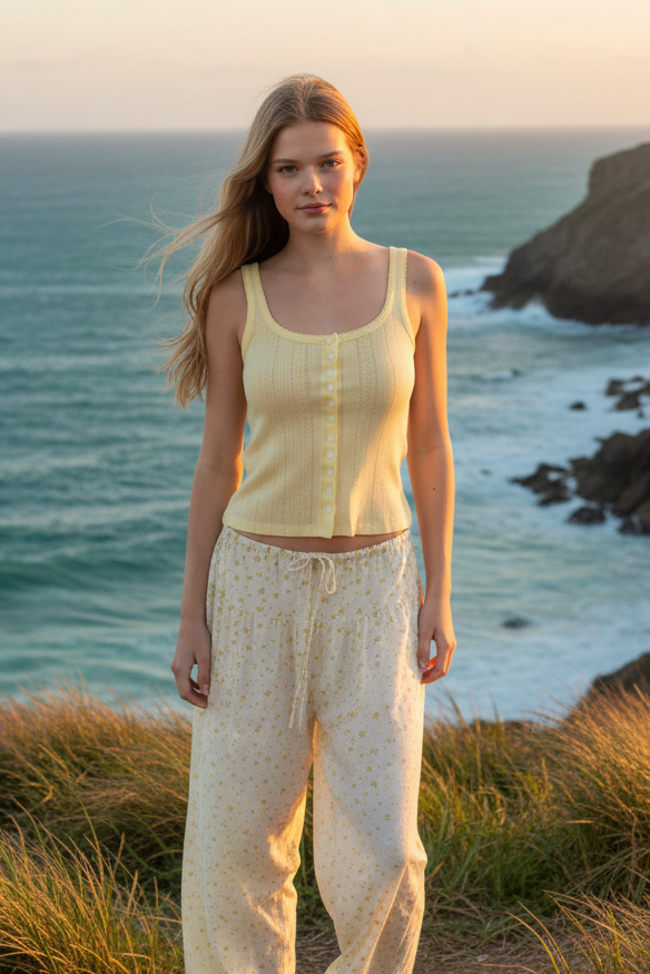 Pale yellow ribbed knit tank top with button detail and coastal cliff background