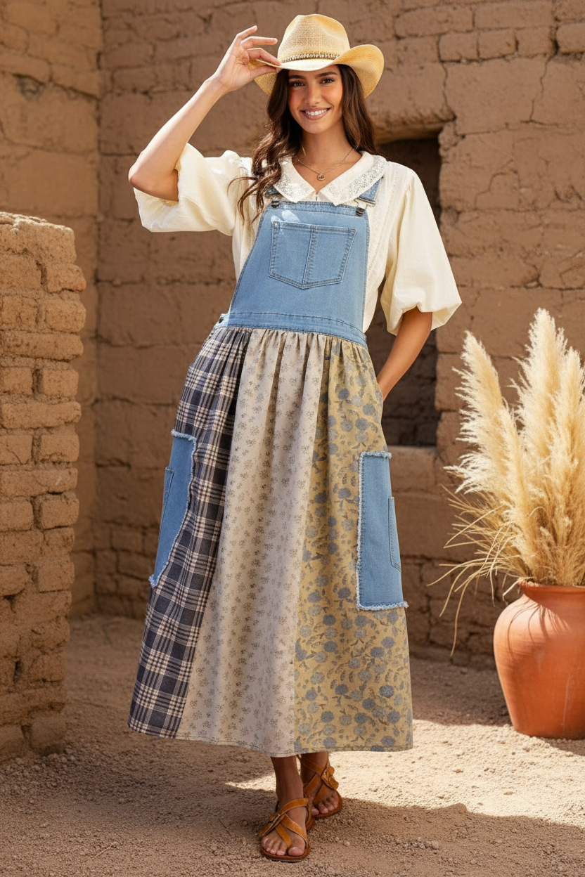 Patchwork denim overall dress on model with styled background