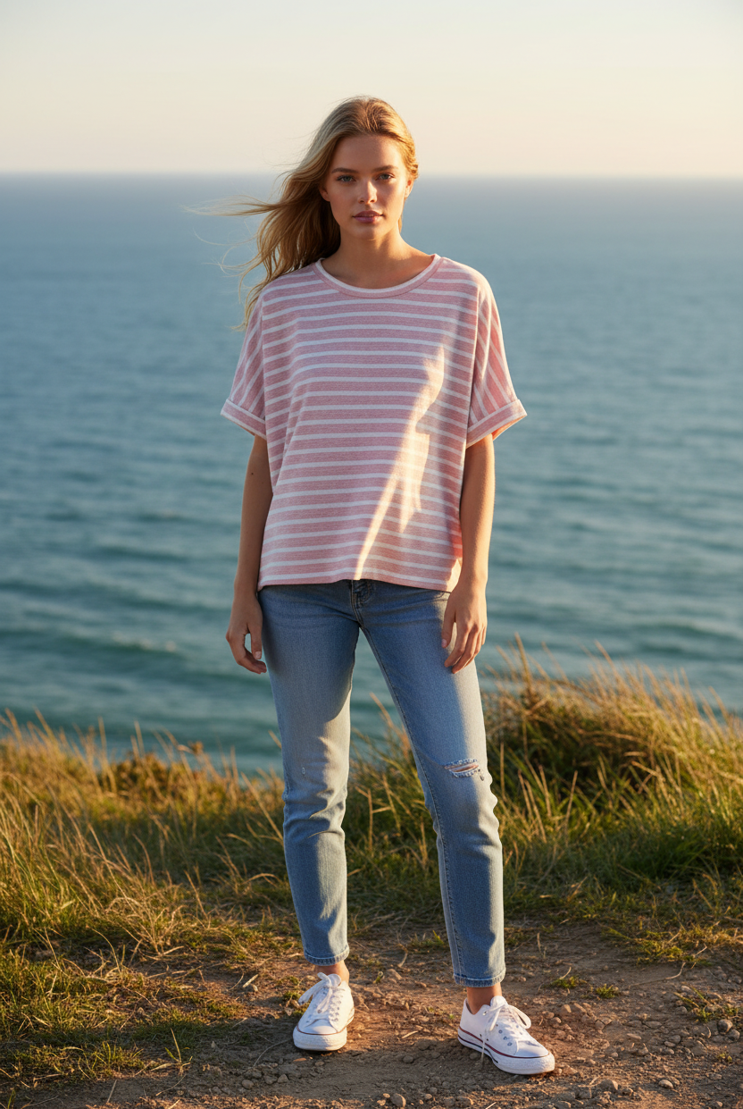Pink and white striped oversized tee with coastal cliff background