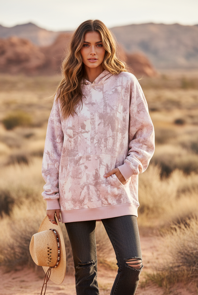 Pink camo hoodie on model with outdoor background