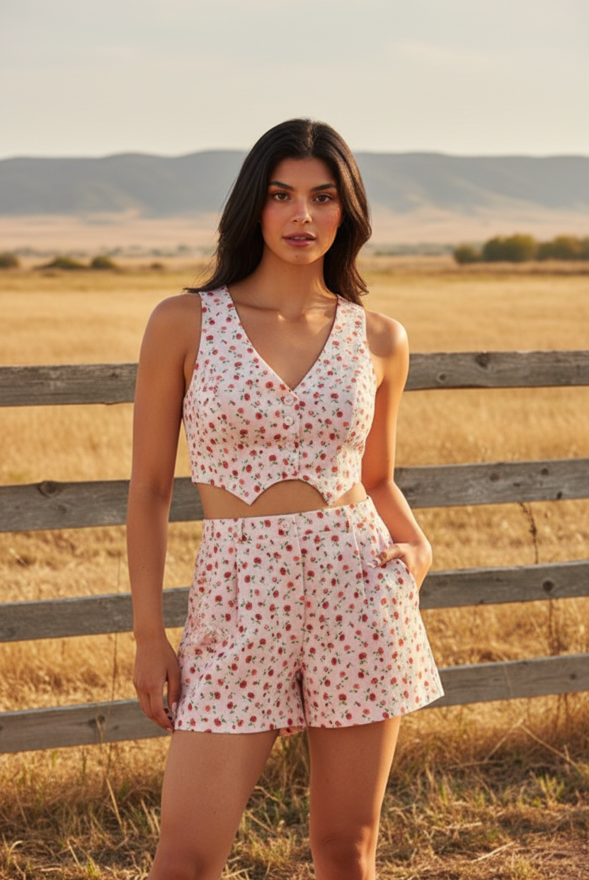 Pink floral two-piece set with crop top and shorts with western boho ranch background