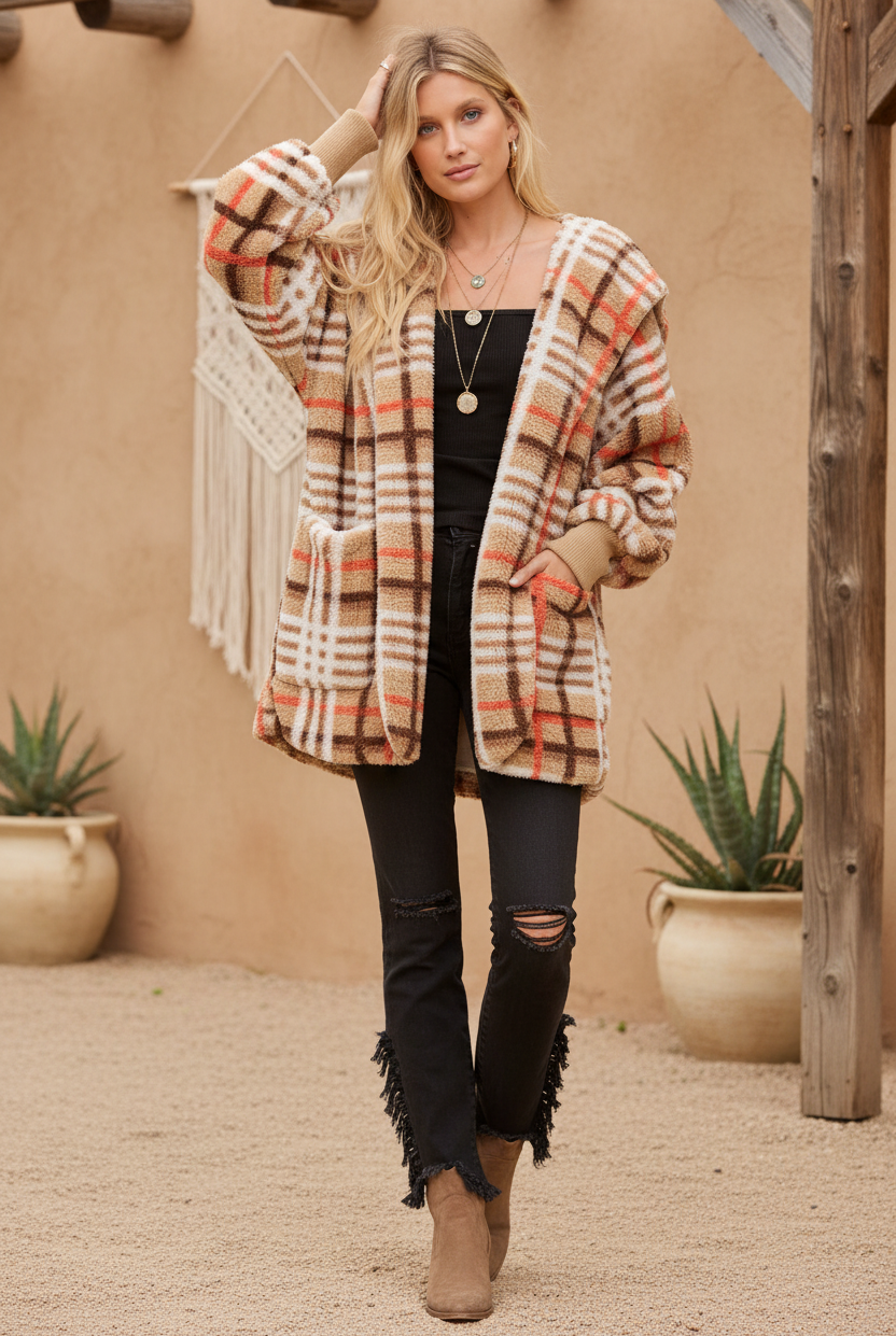 Plaid fuzzy hooded cardigan on model with styled background