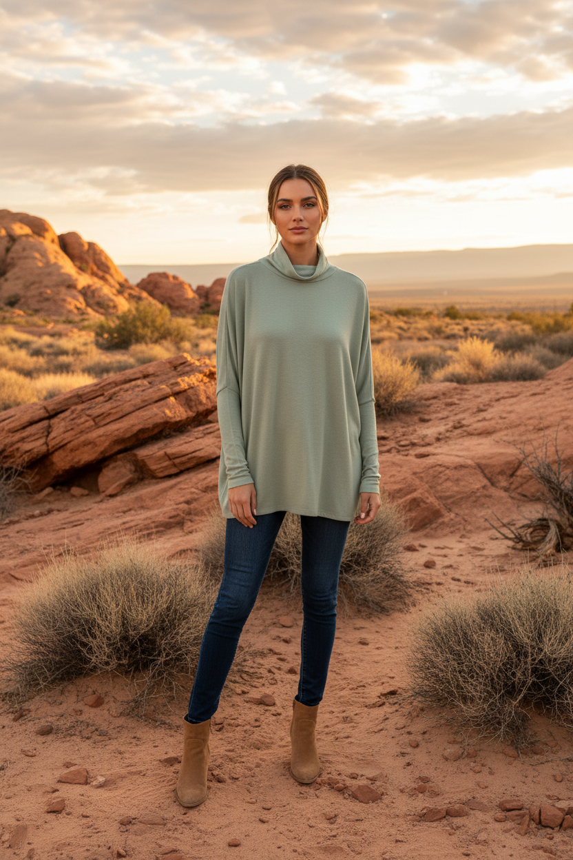 Sage green cowl neck oversized tunic top with desert landscape