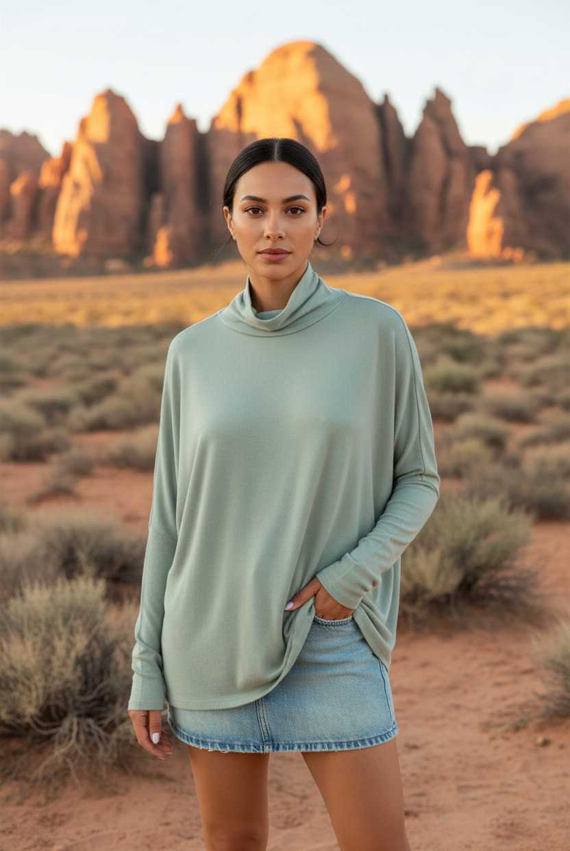 Sage green cowl neck oversized tunic with denim shorts and desert landscape
