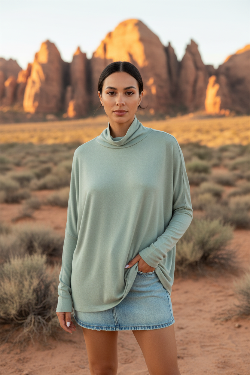 Sage green cowl neck oversized tunic with denim shorts and desert landscape