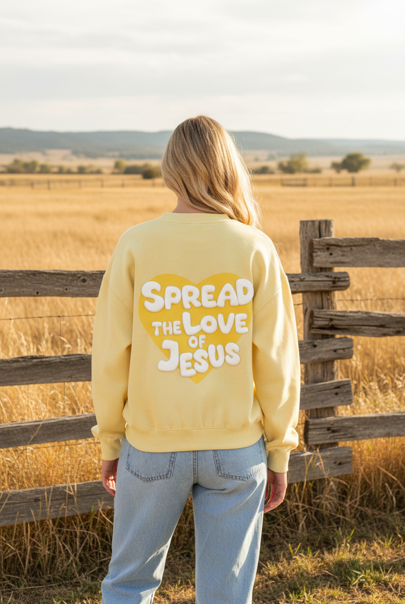 Soft yellow Spread the Love of Jesus graphic sweatshirt with western boho ranch background