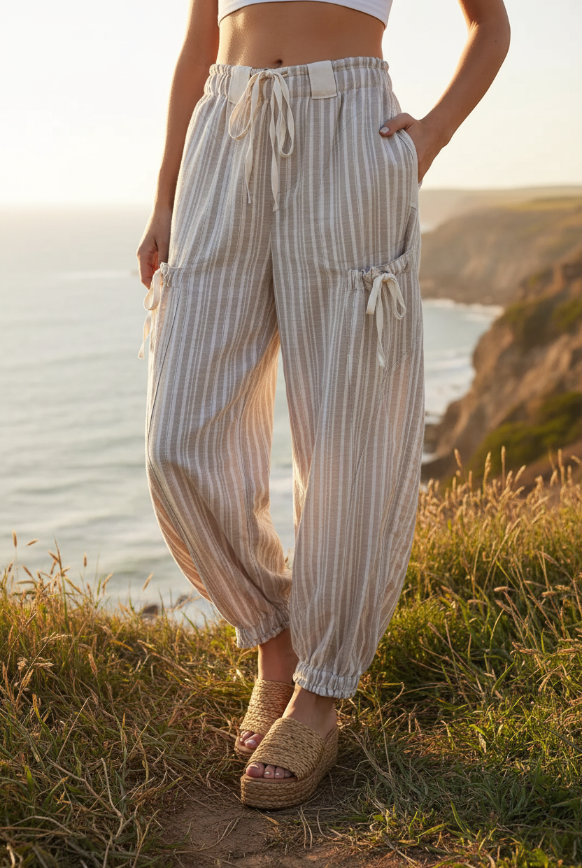Taupe striped cargo joggers with coastal cliff background