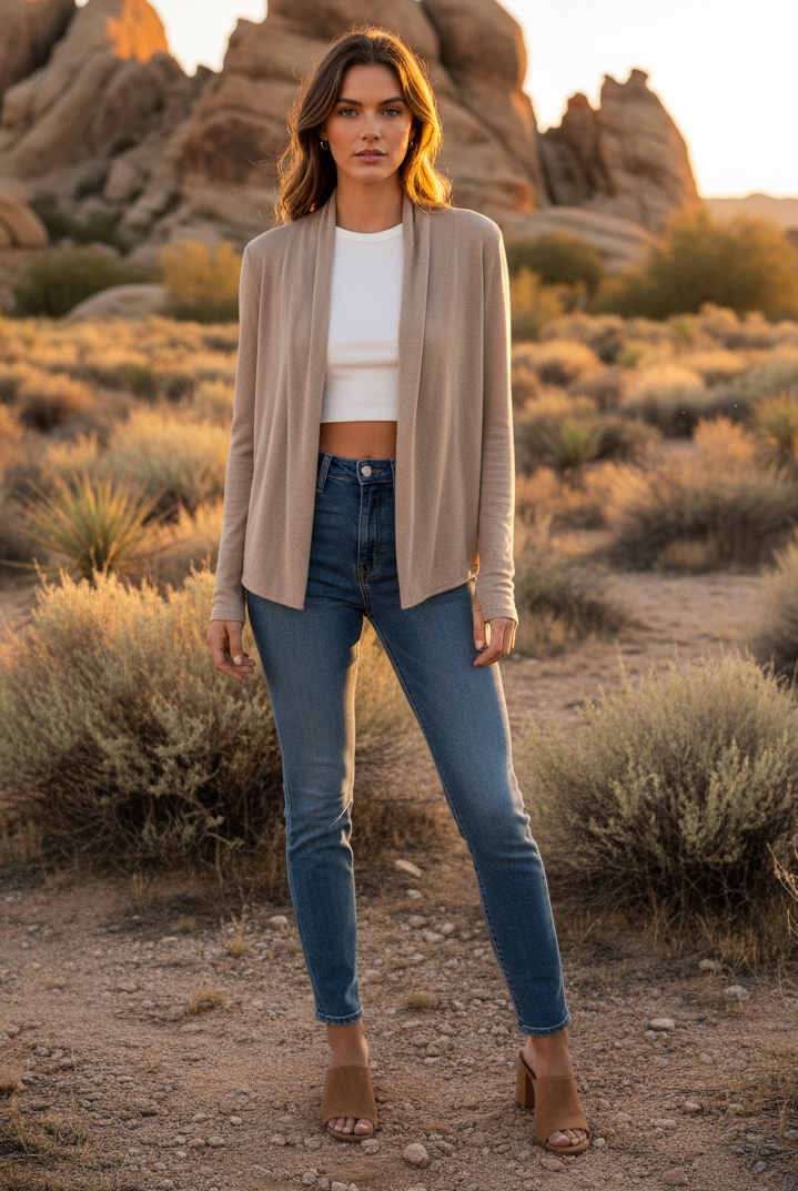 Taupe waist-length cardigan with desert landscape