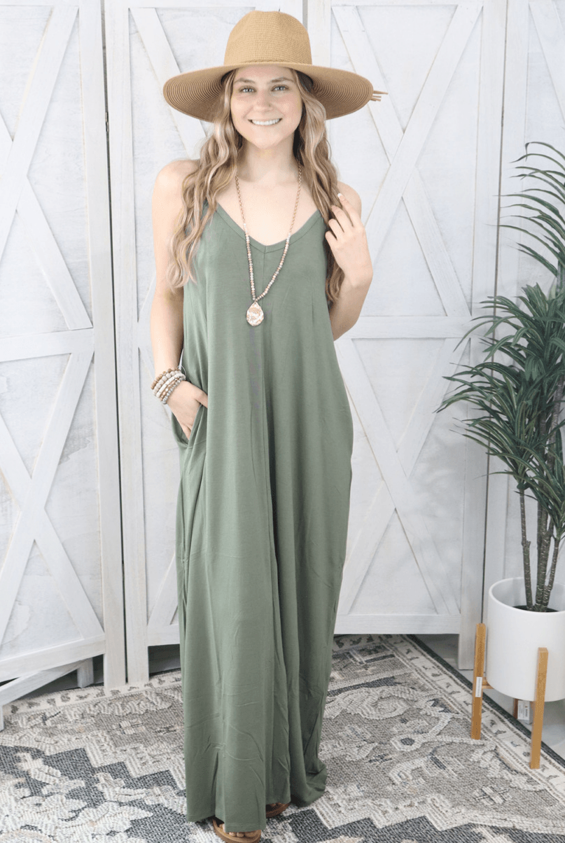 TAYLA V-NECK MAXI DRESS WITH SIDE POCKETS S-3XL - West End Boutique