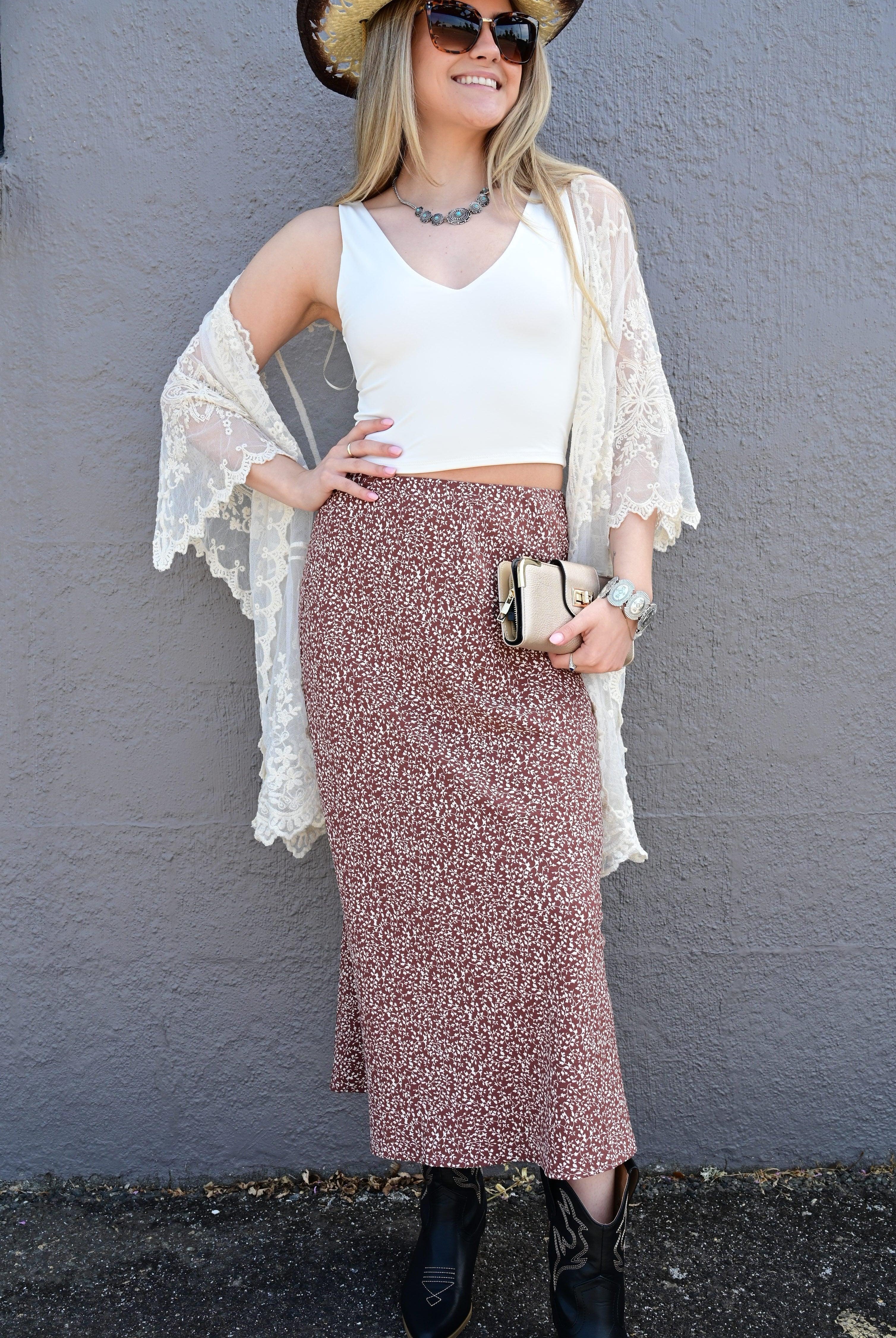 VIOLET FLORAL PRINT MIDI SKIRT WITH ELASTIC WAISTBAND - West End Boutique