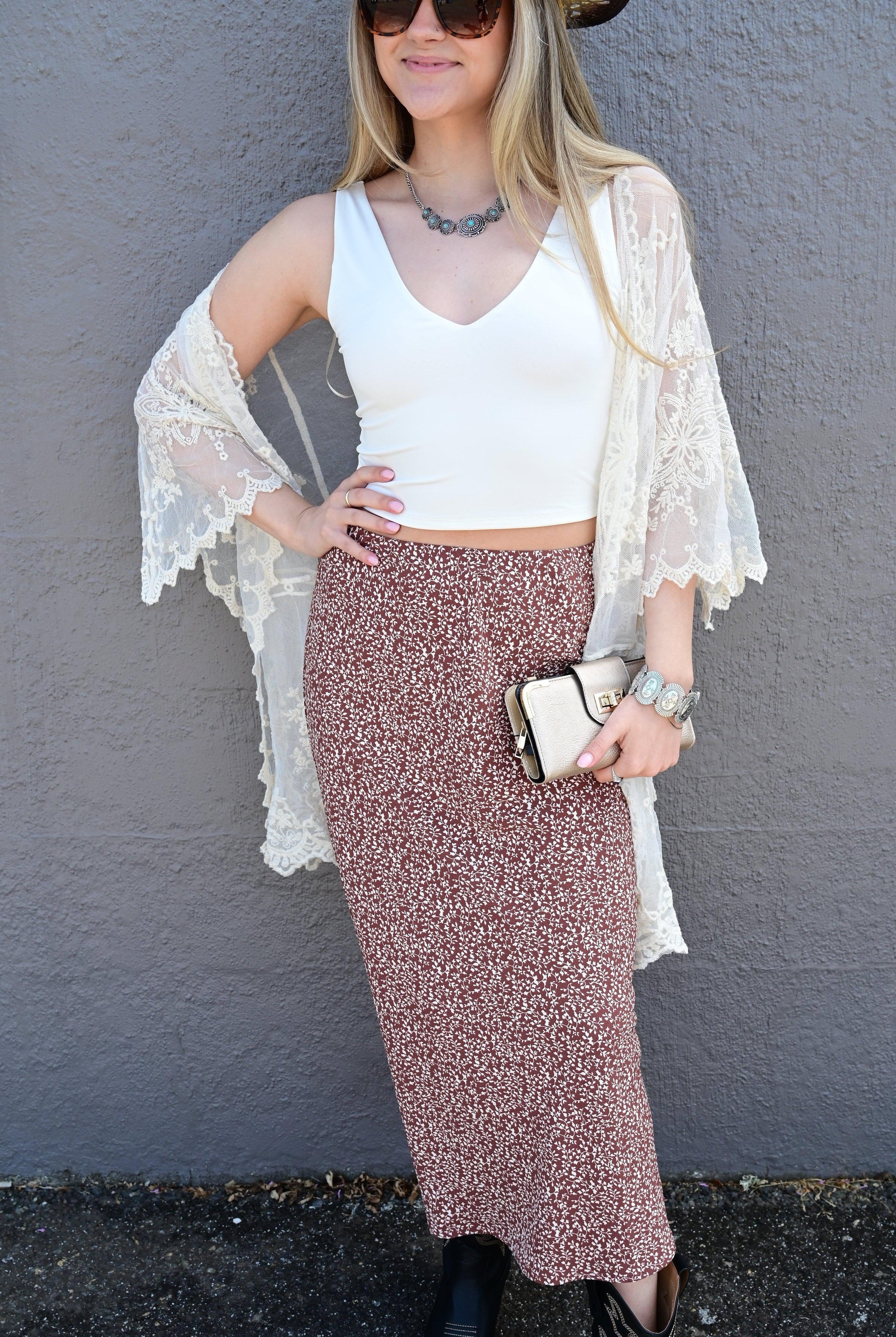 VIOLET FLORAL PRINT MIDI SKIRT WITH ELASTIC WAISTBAND - West End Boutique