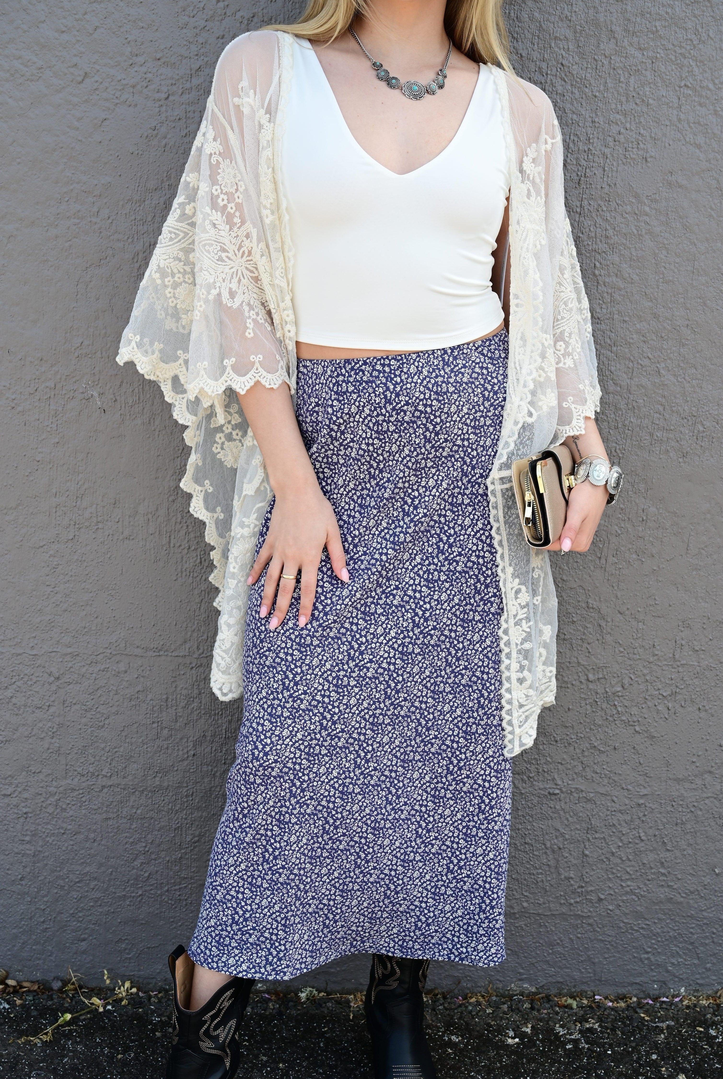 VIOLET FLORAL PRINT MIDI SKIRT WITH ELASTIC WAISTBAND - West End Boutique