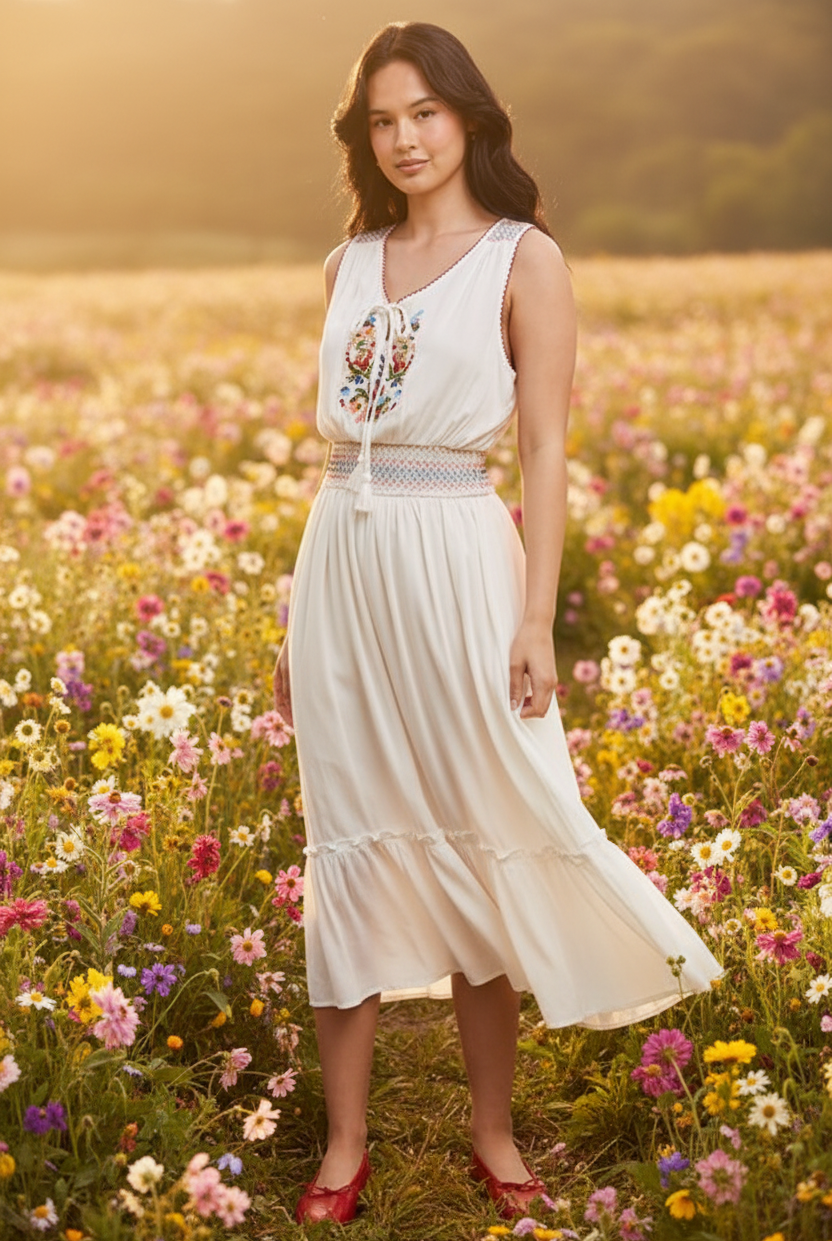 White embroidered dress in floral field