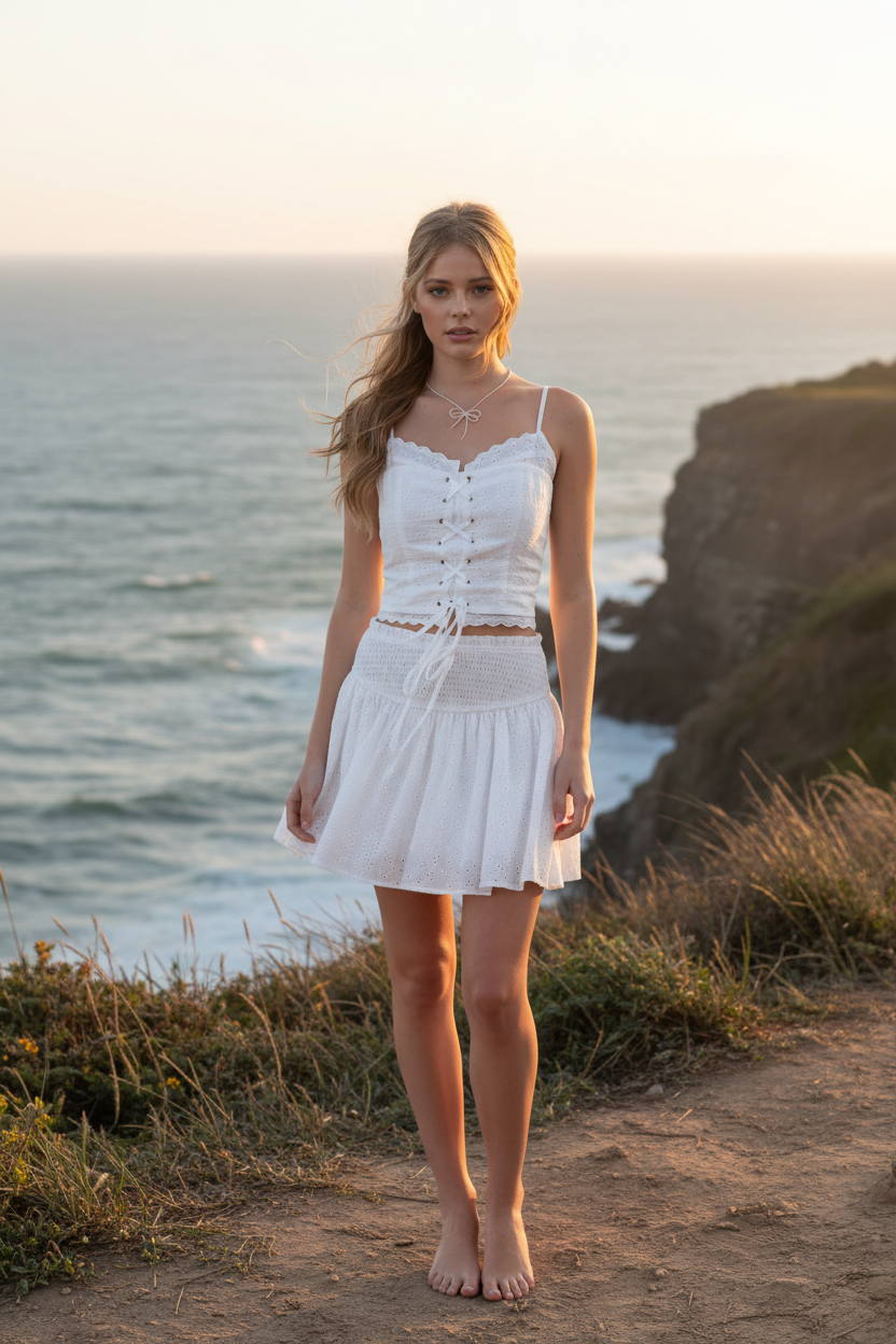 White eyelet crop top with lace-up detail and coastal cliff background