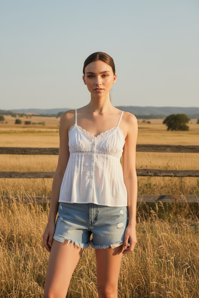 White lace-trimmed cami top with button detail and denim shorts with western boho ranch background