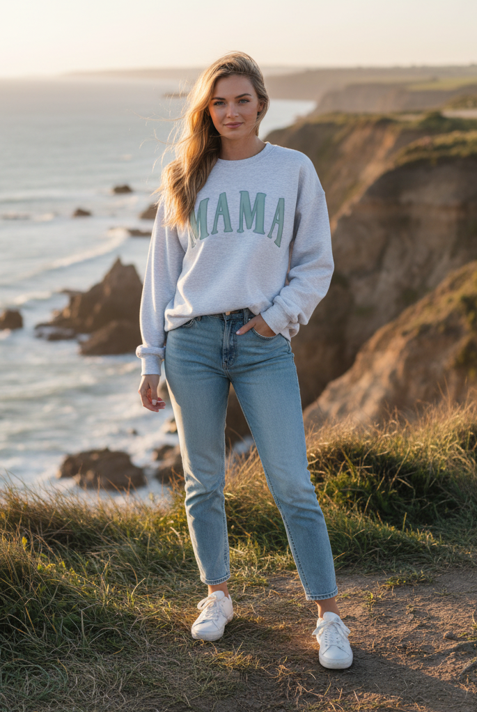 White "MAMA" graphic sweatshirt with coastal cliff background