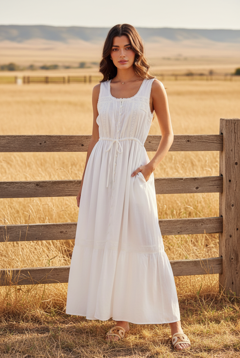 White tiered maxi dress with button front and western boho ranch background