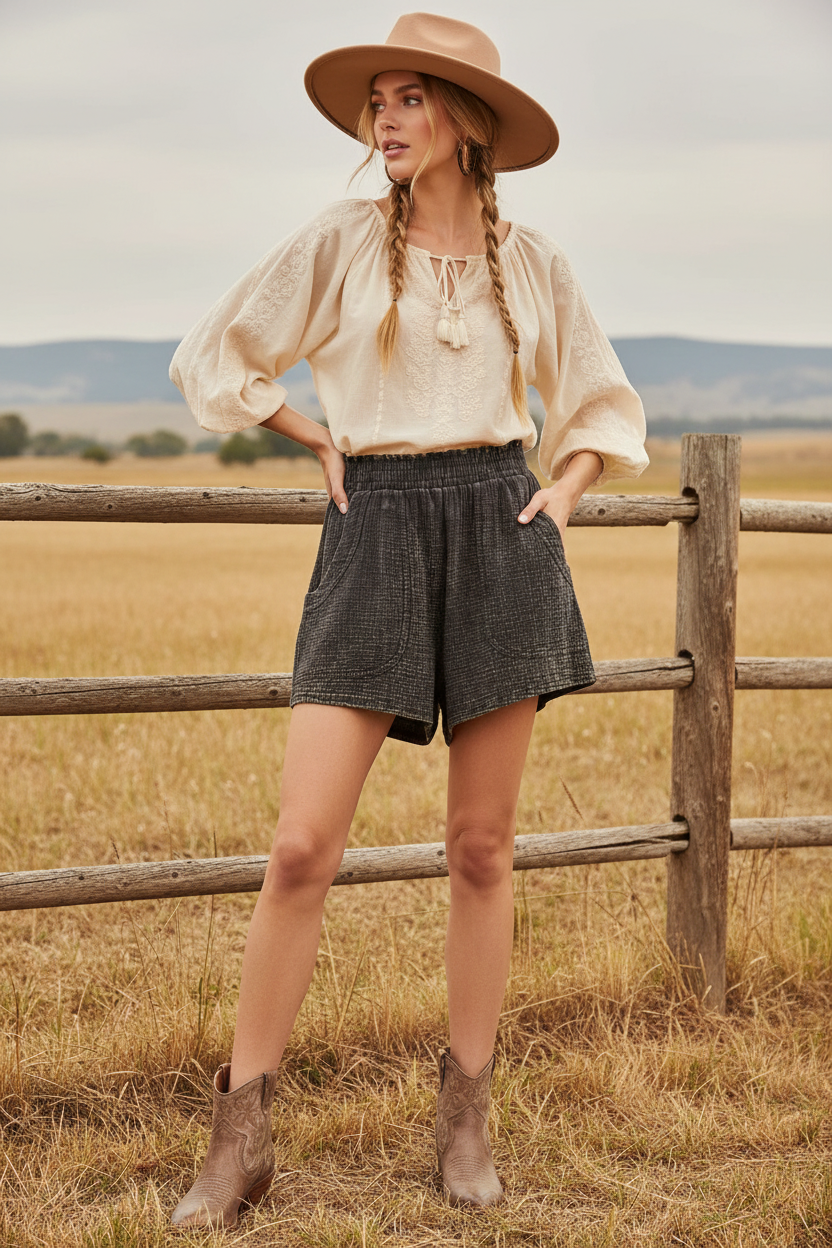 Ash black textured shorts with smocked waistband and western boho ranch background