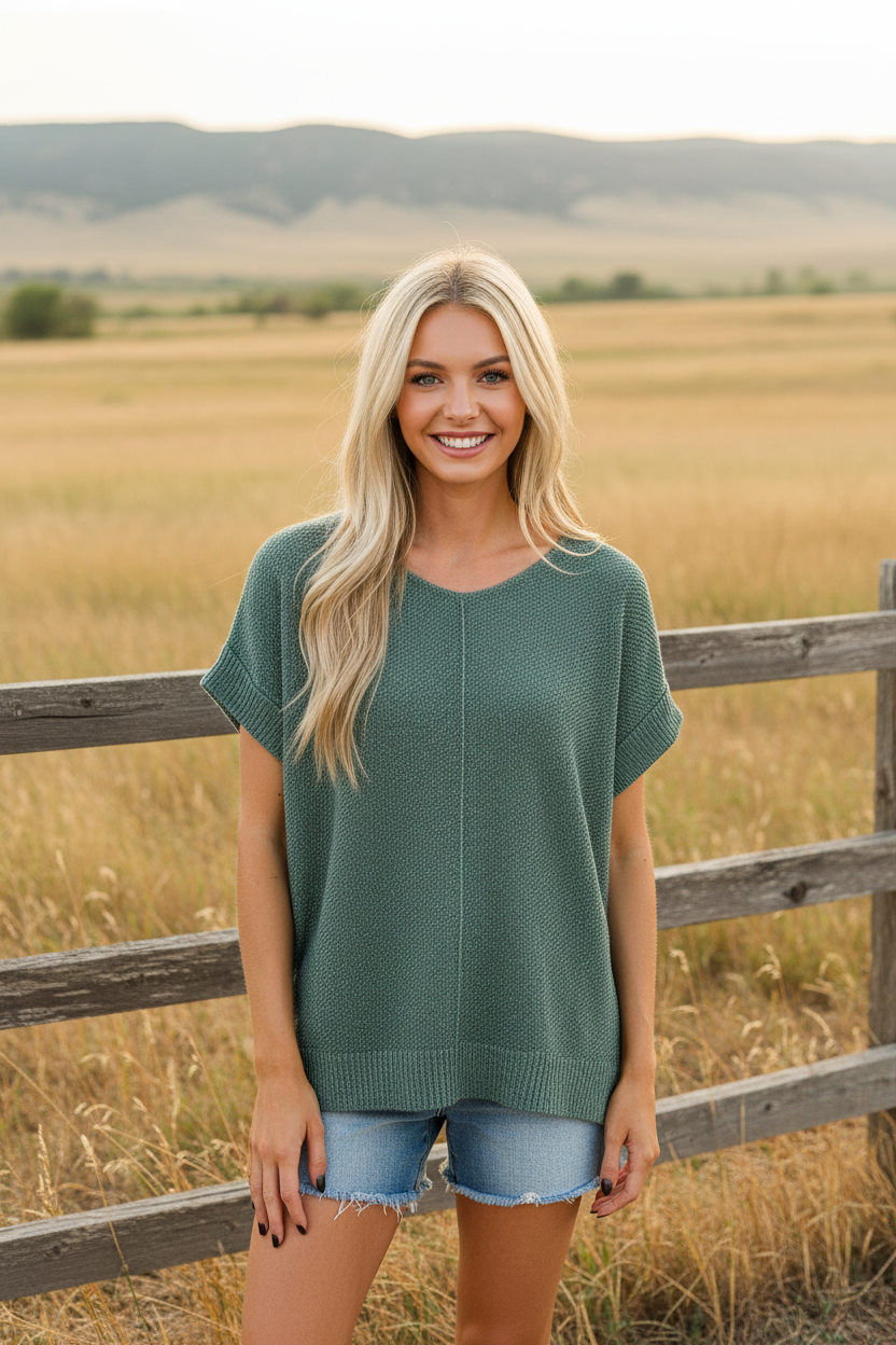Ash jade green knit dolman sleeve top with denim shorts and western boho ranch background