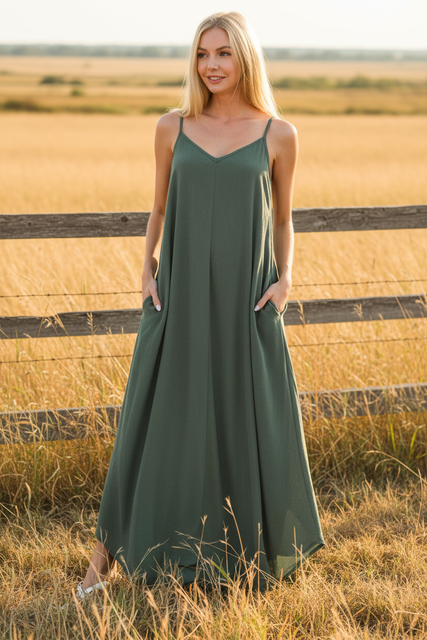 Ash jade maxi cami dress with natural realistic look and western ranch background