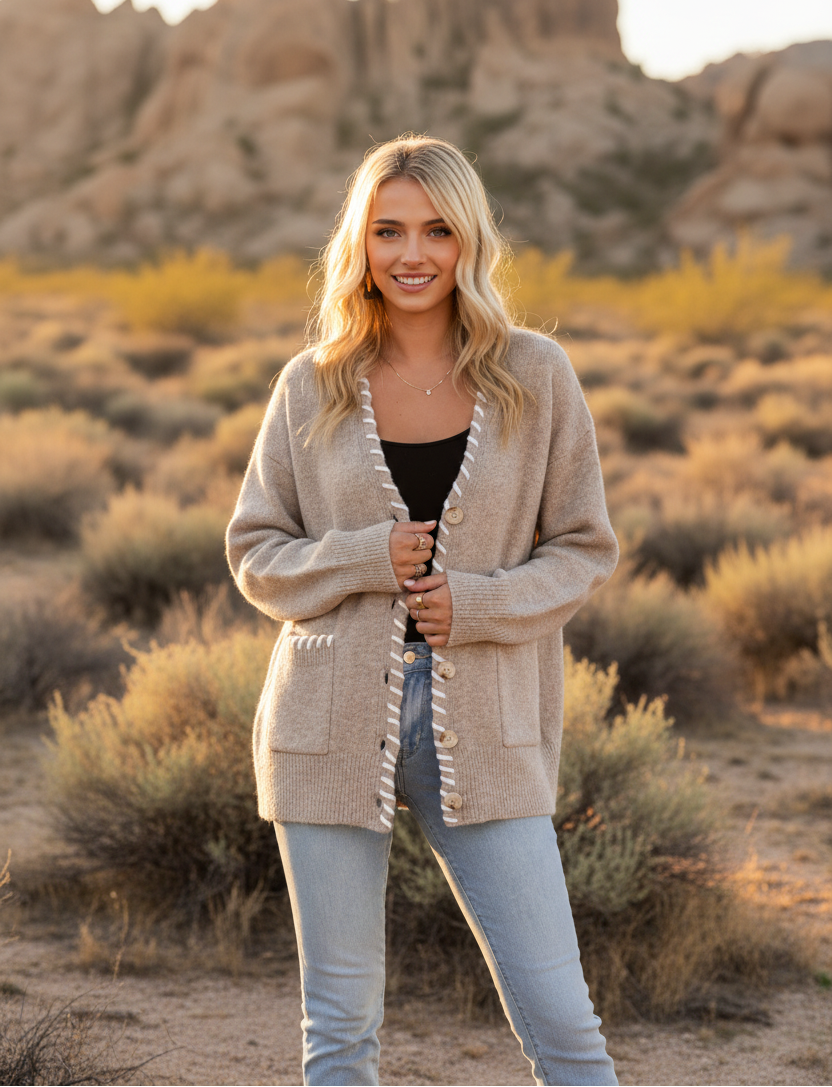 Beige distressed cardigan with button front and desert landscape