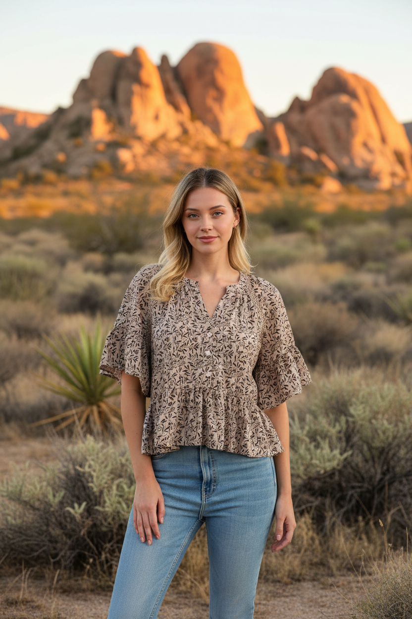 Beige floral peplum top with desert landscape
