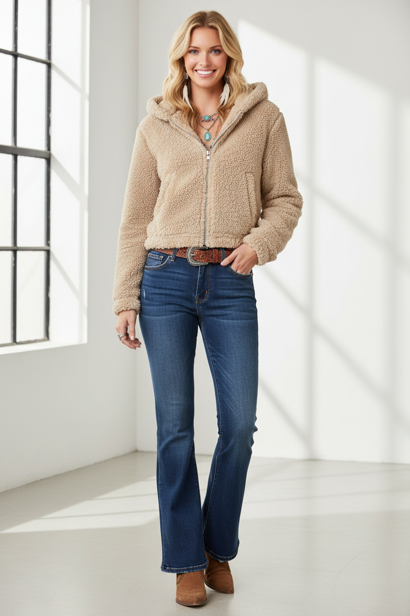 Beige fuzzy sherpa jacket on model