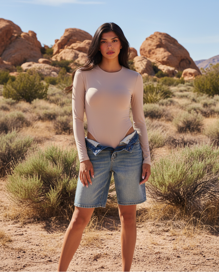 Beige long sleeve bodysuit with medium wash denim shorts and desert landscape