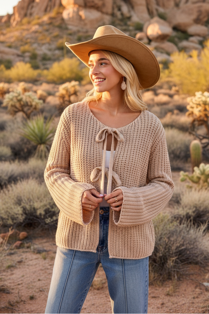 Beige tie-front cardigan with desert landscape