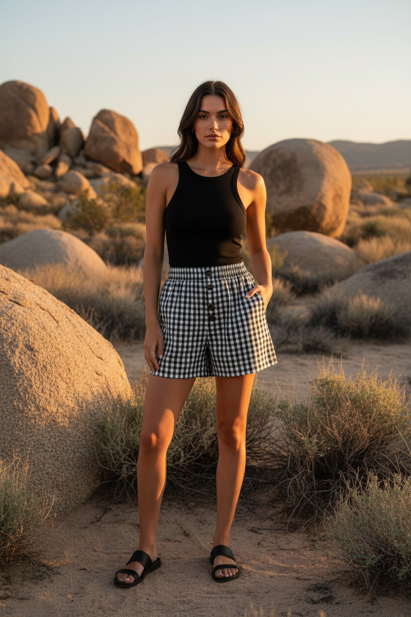 Black and white gingham check shorts with button detail and desert landscape