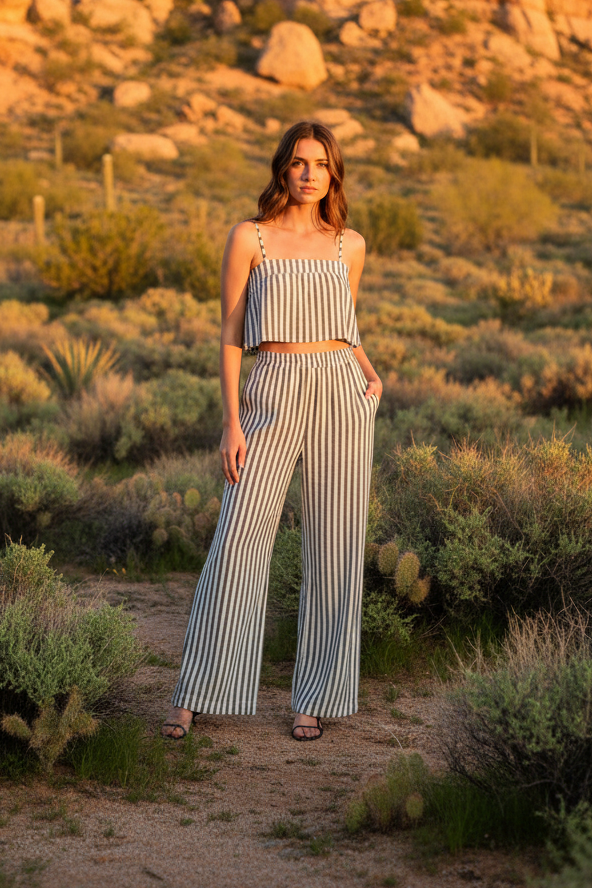 Black and white striped wide-leg pants with desert landscape
