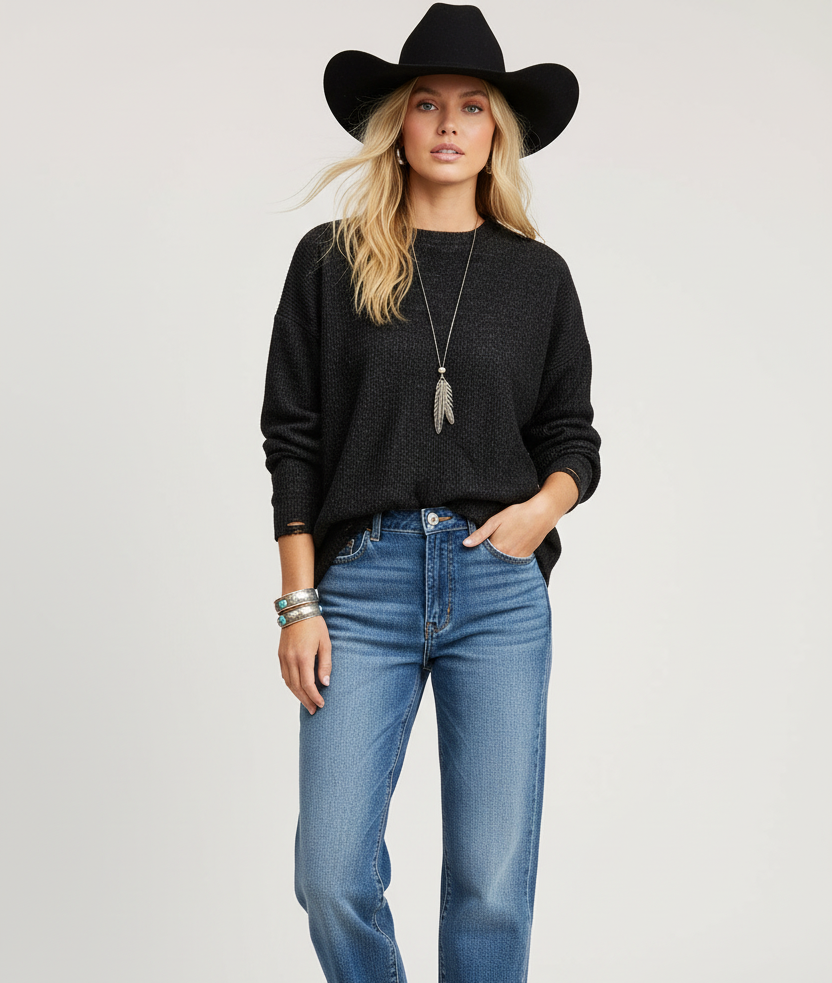 Black distressed sweater on model