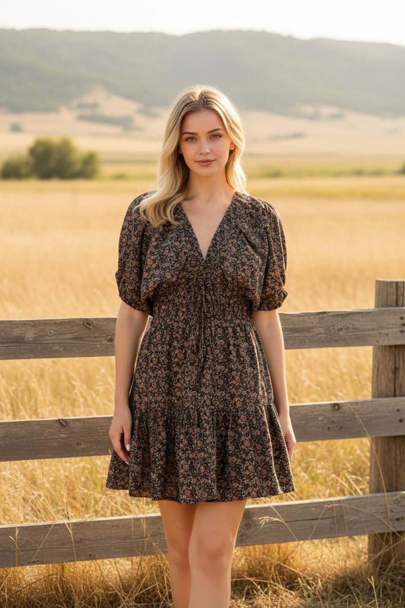 Black floral mini dress with puff sleeves and western boho ranch background