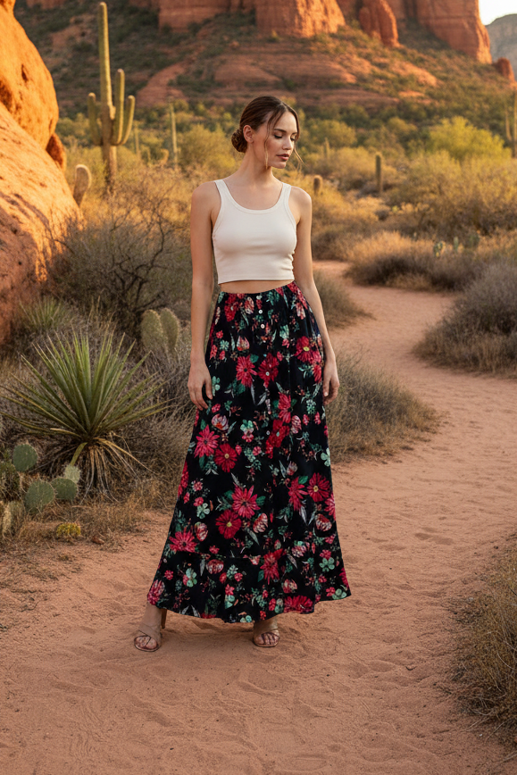 Black floral print maxi skirt with red rock desert landscape