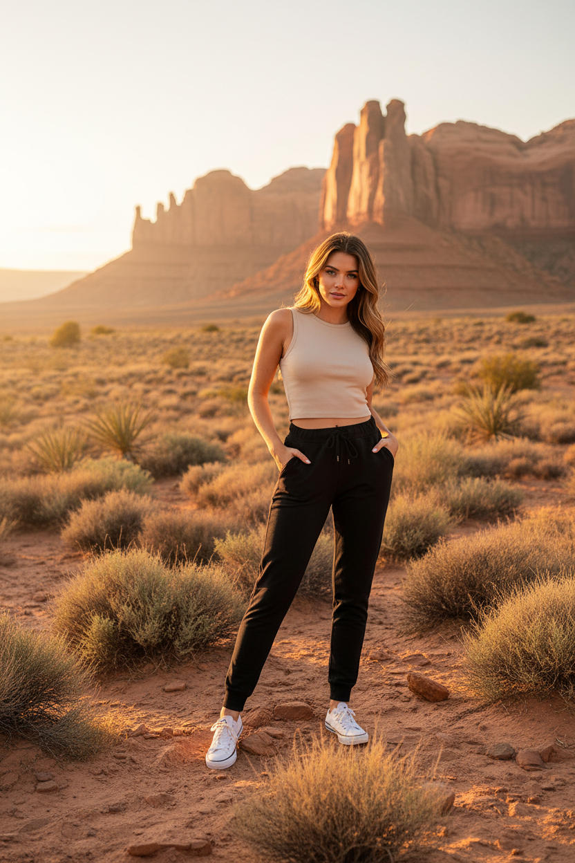 Black jogger pants with desert landscape