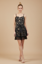 Black lace dress front view on model