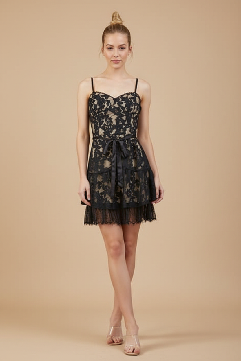 Black lace dress front view on model