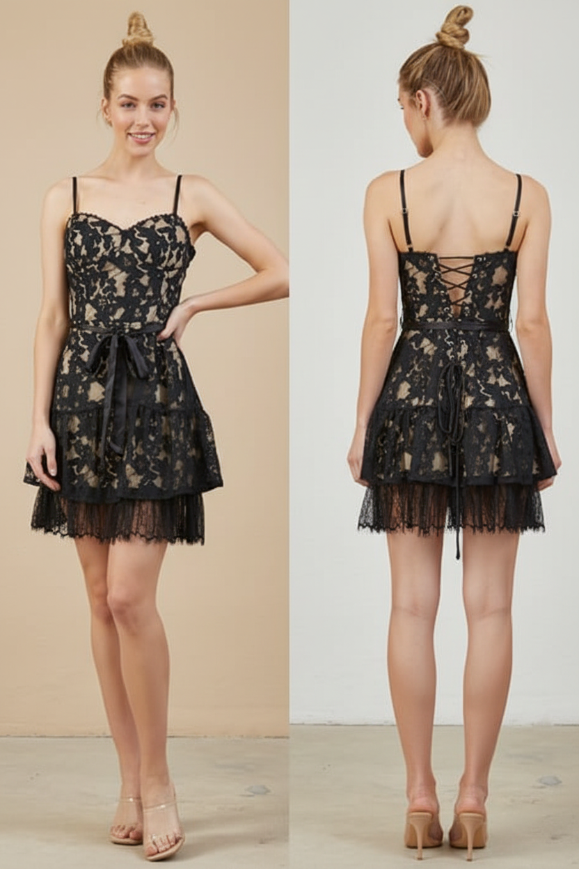 Black lace dress with fringe on model