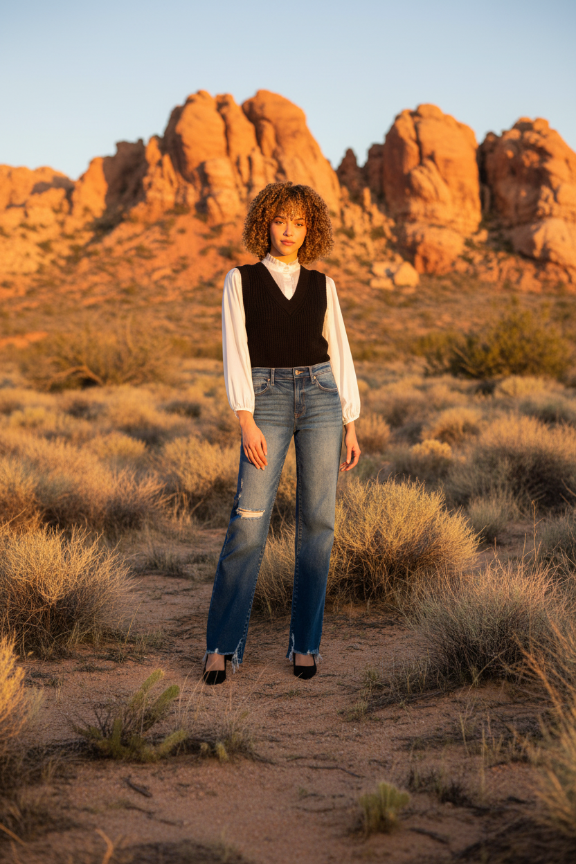 Black sweater vest with different base layer