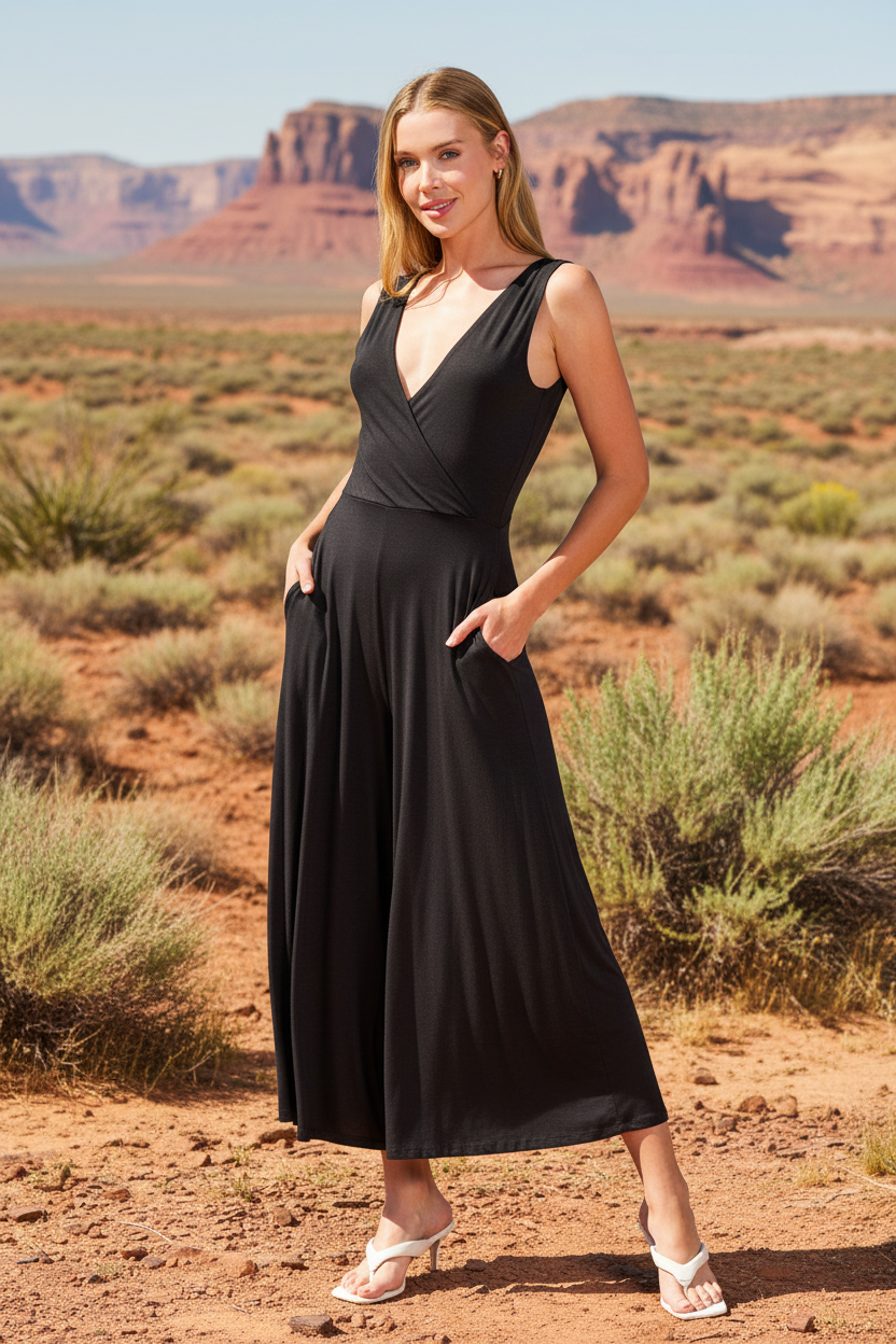 Black wide leg jumpsuit with desert landscape