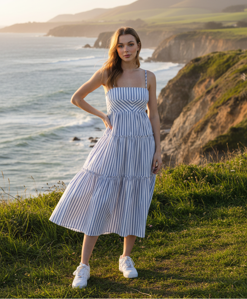 Blue and white striped tiered midi dress with coastal cliff background