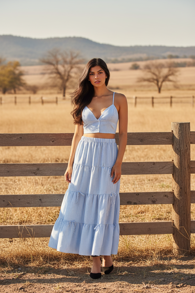 Blue and white striped two-piece set with crop top and tiered maxi skirt with western boho ranch background
