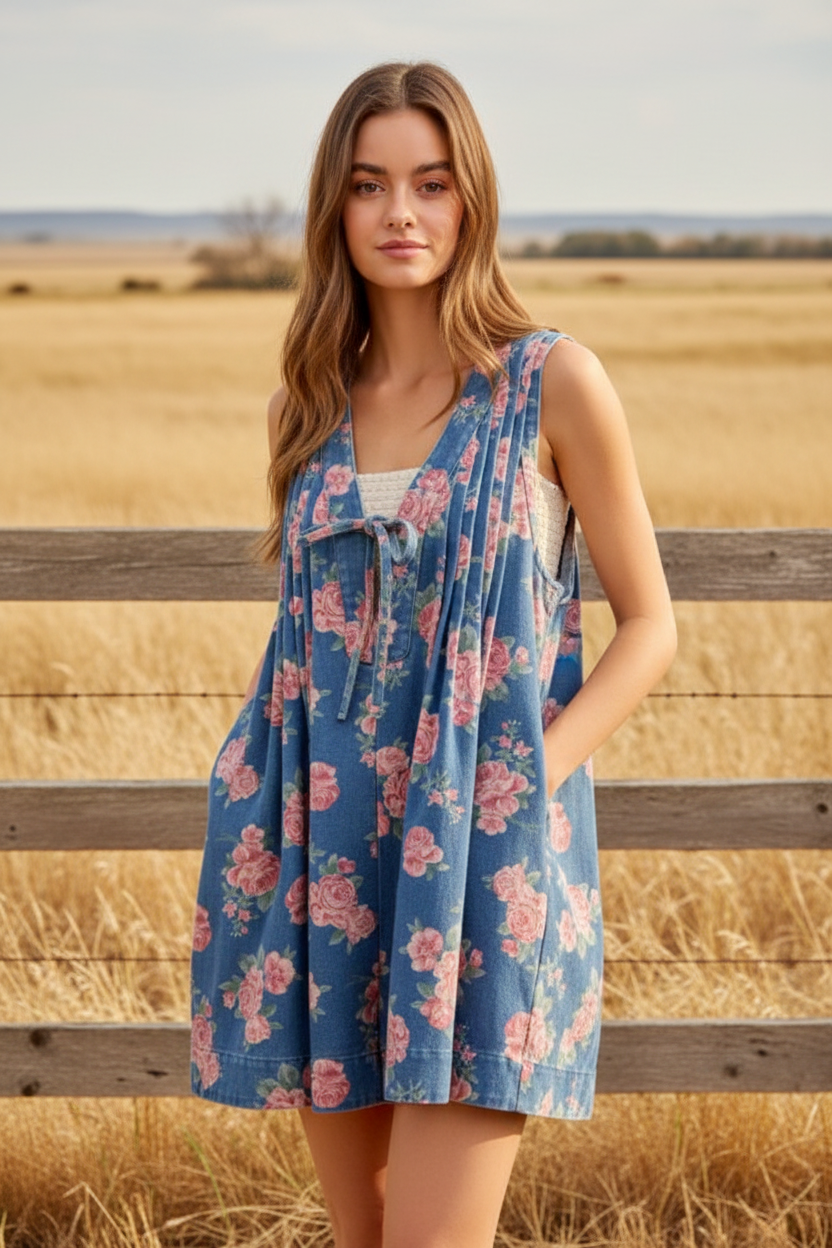 Blue floral pintuck babydoll mini dress with western boho ranch background