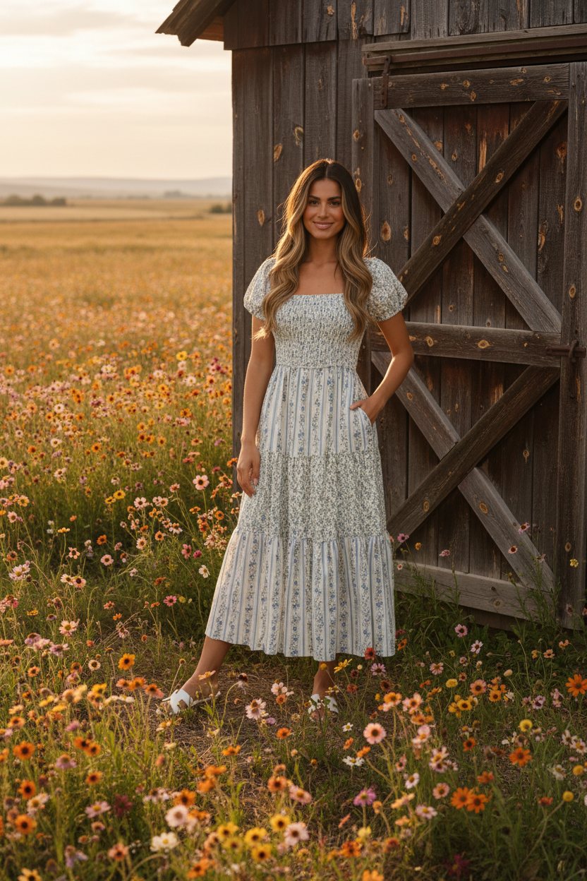 Blue floral stripe smocked puff sleeve midi dress with rustic barn wildflower meadow background