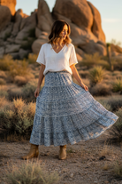 Blue floral tiered maxi skirt with desert landscape