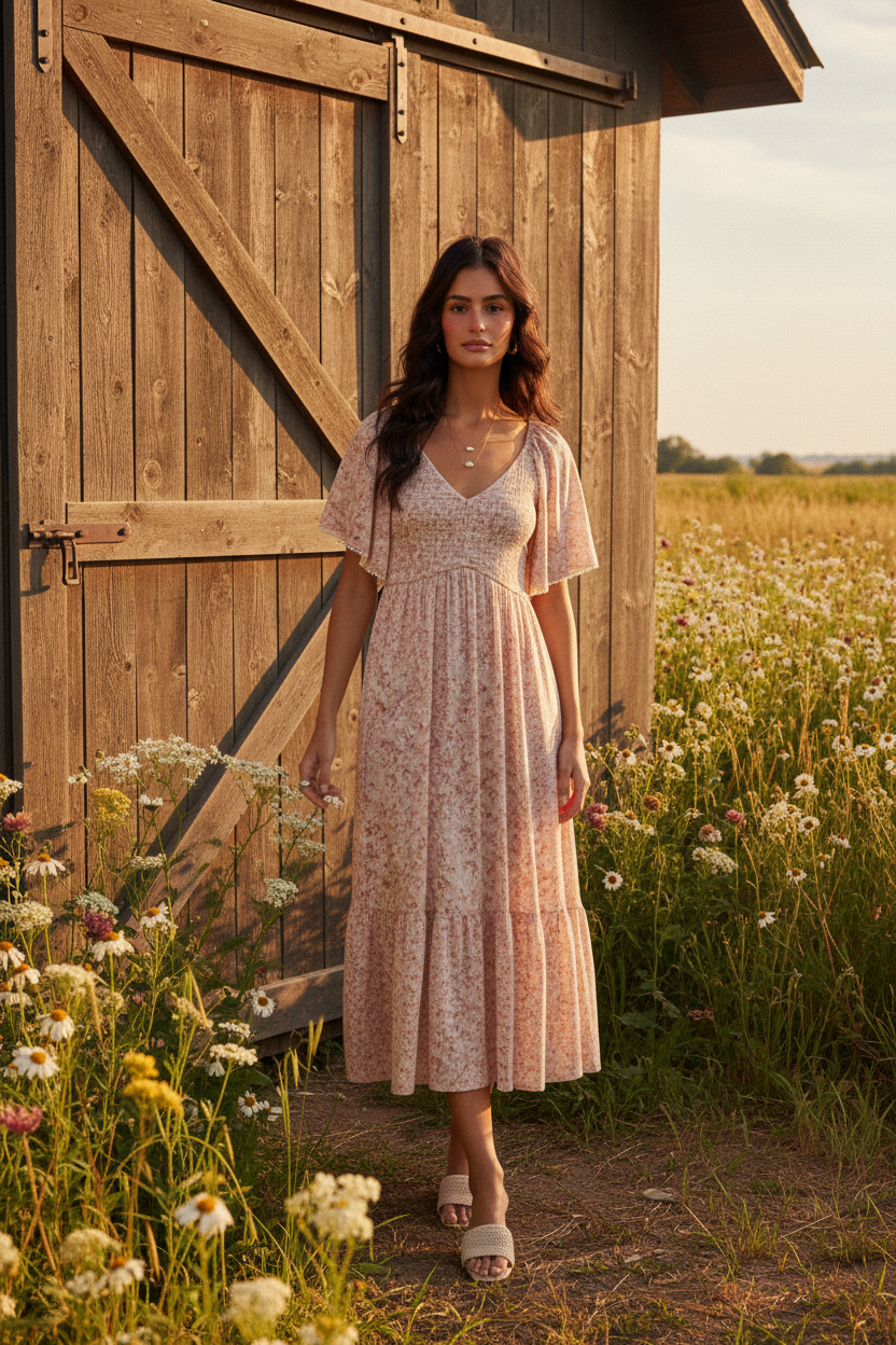 Blush ditsy floral smocked midi dress with rustic barn wildflower meadow background