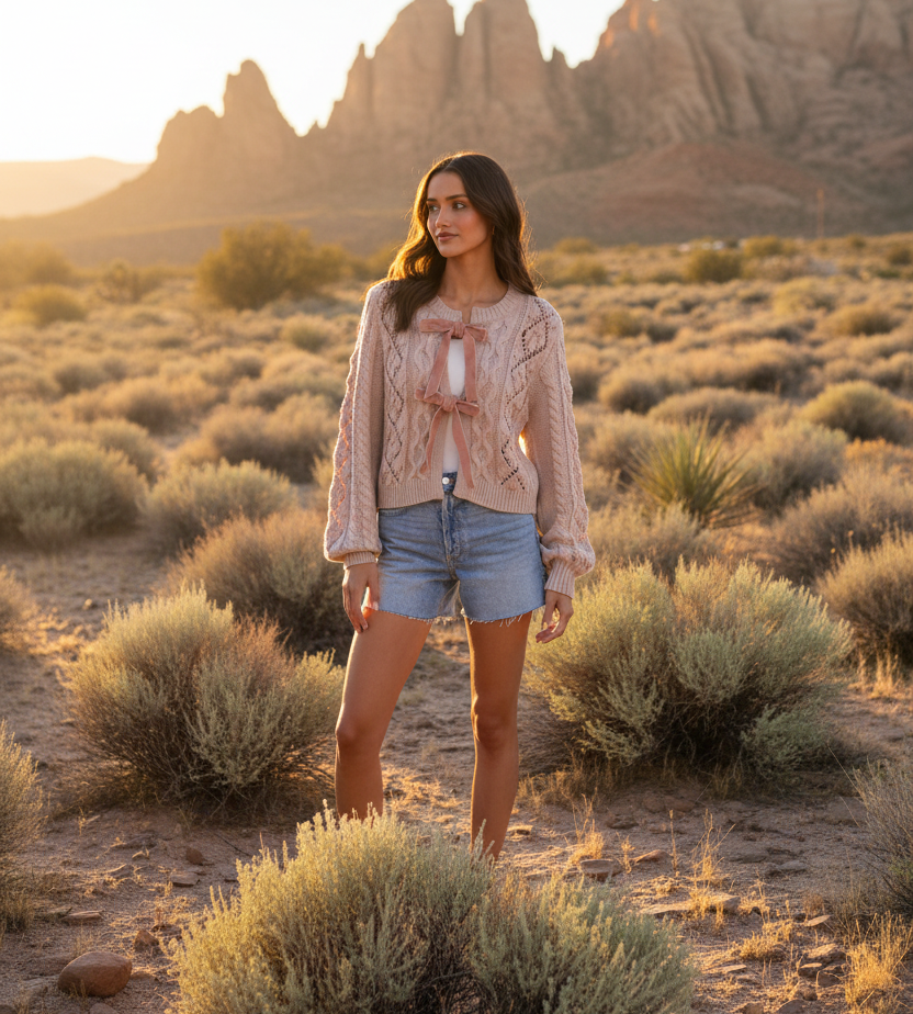 Blush pink cable knit sweater with ribbon detail and desert landscape