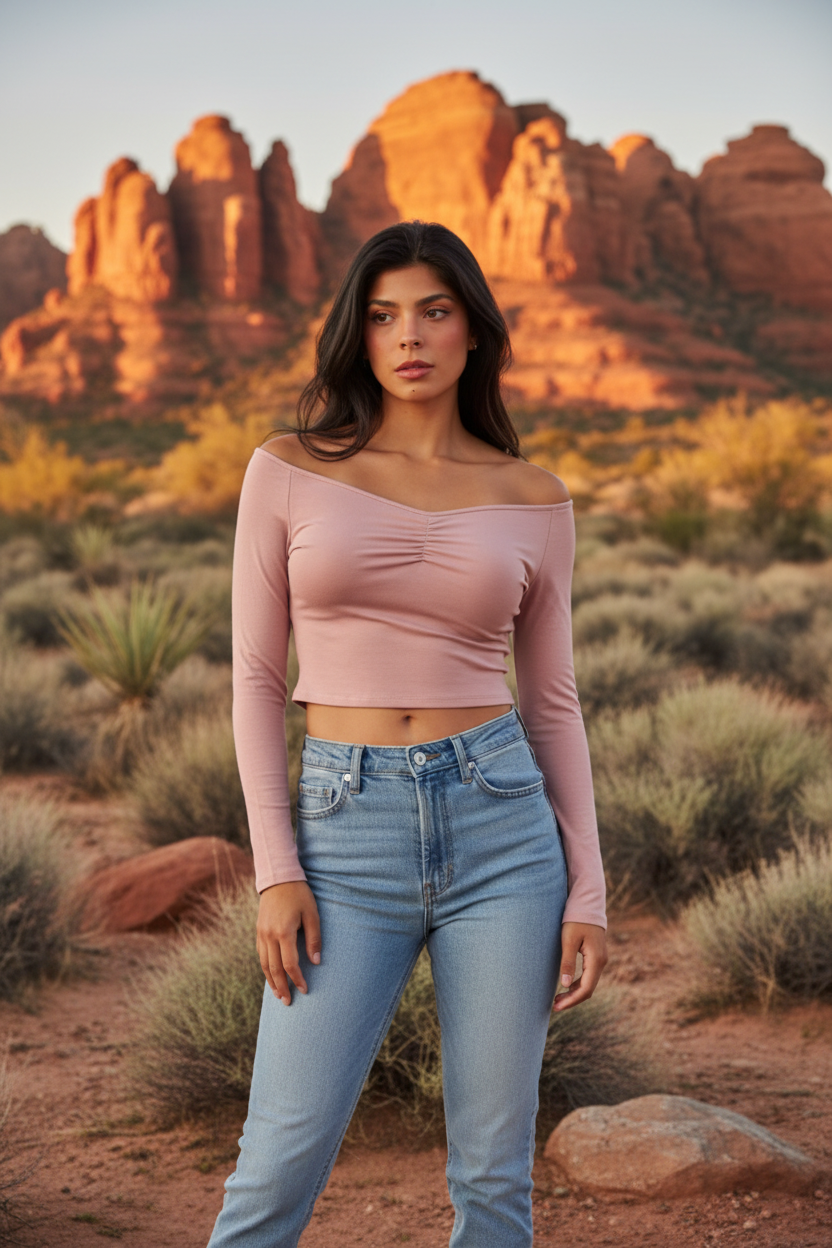 Blush pink off-shoulder crop top with desert landscape