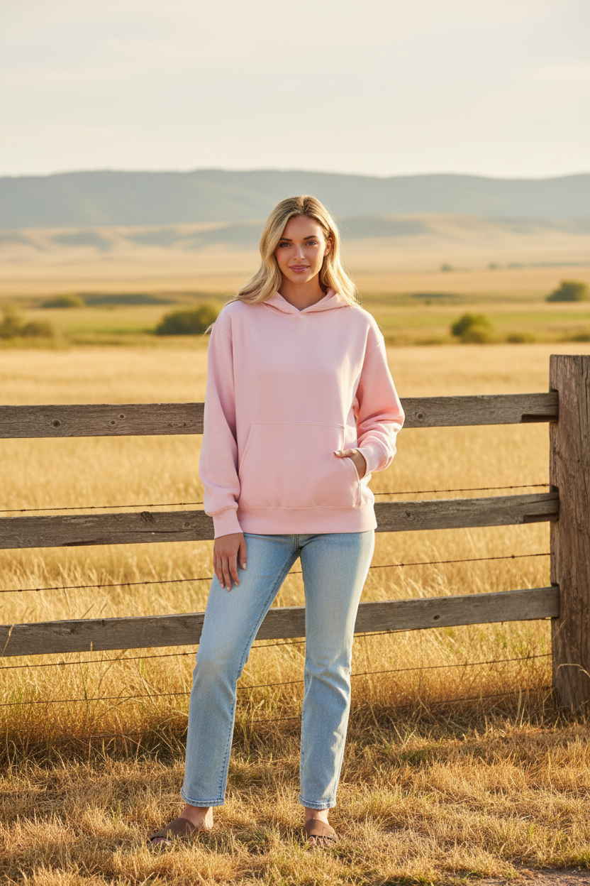 Blush pink oversized hoodie without drawstring and western boho ranch background